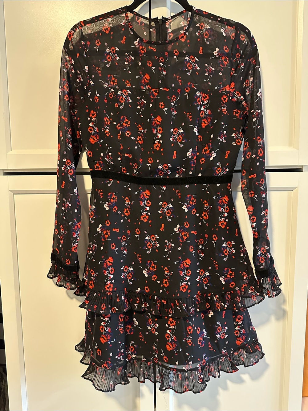 Lulu's Black Long-Sleeve Floral Ruffle Dress in Red and Purple
